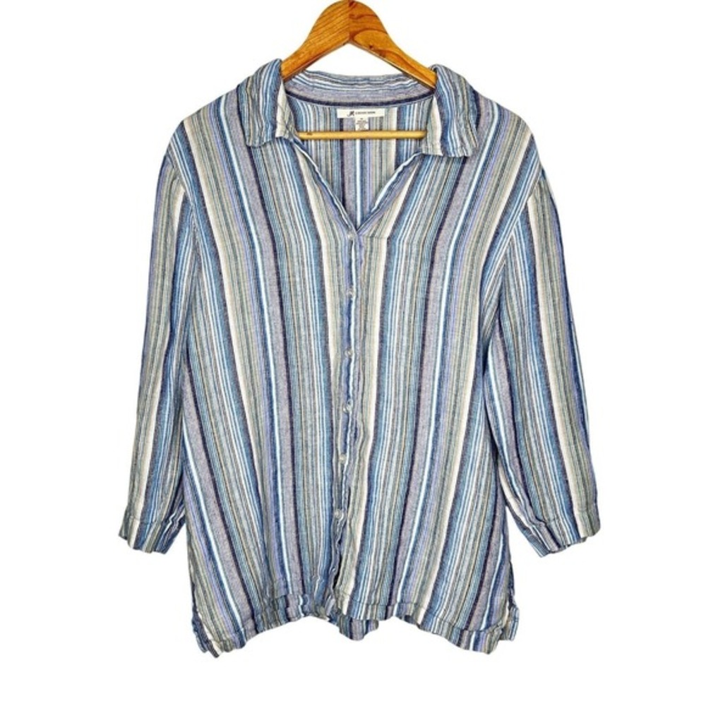 Linen Metallic Stripe Button Up Shirt Blue Coastal Blouse Lagenlook Workwear